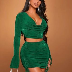 Cowl Neck Crop Glitter Top & Drawstring Bodycon Skirt